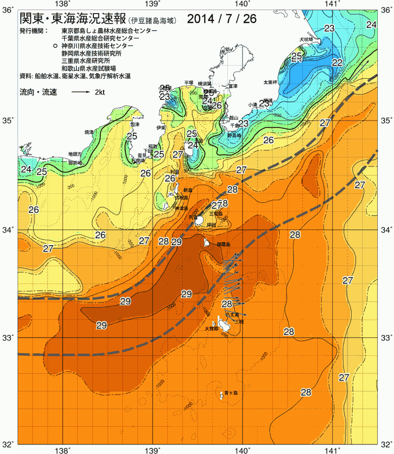 海況図, 関東・東海海況速報/伊豆諸島海域 検索結果, (黒潮, 水温分布, 冷水域, 暖水波及 等を図示)