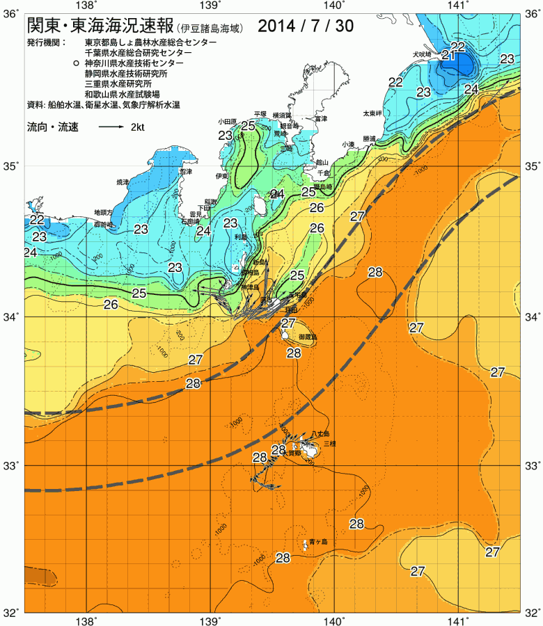 海況図, 関東・東海海況速報/伊豆諸島海域 検索結果, (黒潮, 水温分布, 冷水域, 暖水波及 等を図示)