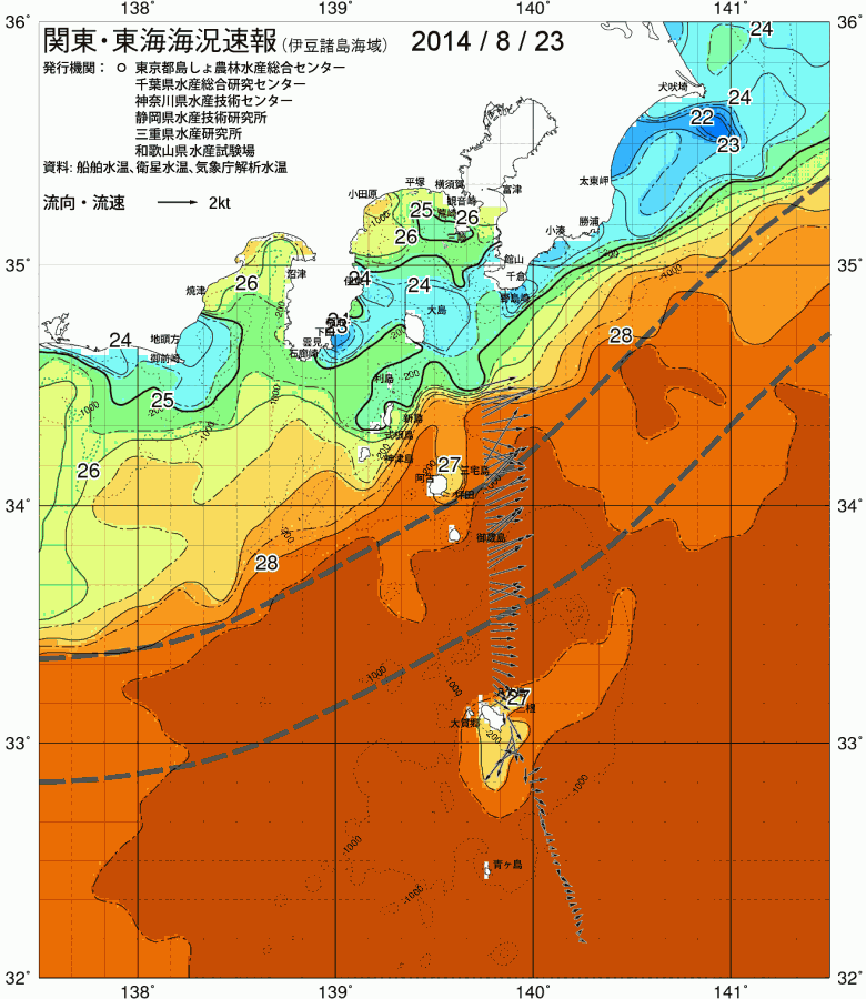 海況図, 関東・東海海況速報/伊豆諸島海域 検索結果, (黒潮, 水温分布, 冷水域, 暖水波及 等を図示)