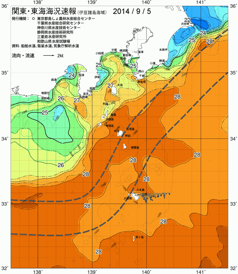 海況図, 関東・東海海況速報/伊豆諸島海域 検索結果, (黒潮, 水温分布, 冷水域, 暖水波及 等を図示)