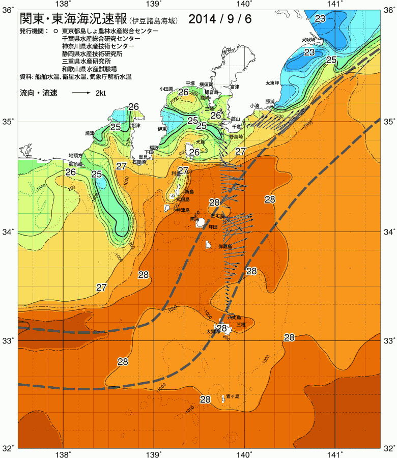 海況図, 関東・東海海況速報/伊豆諸島海域 検索結果, (黒潮, 水温分布, 冷水域, 暖水波及 等を図示)