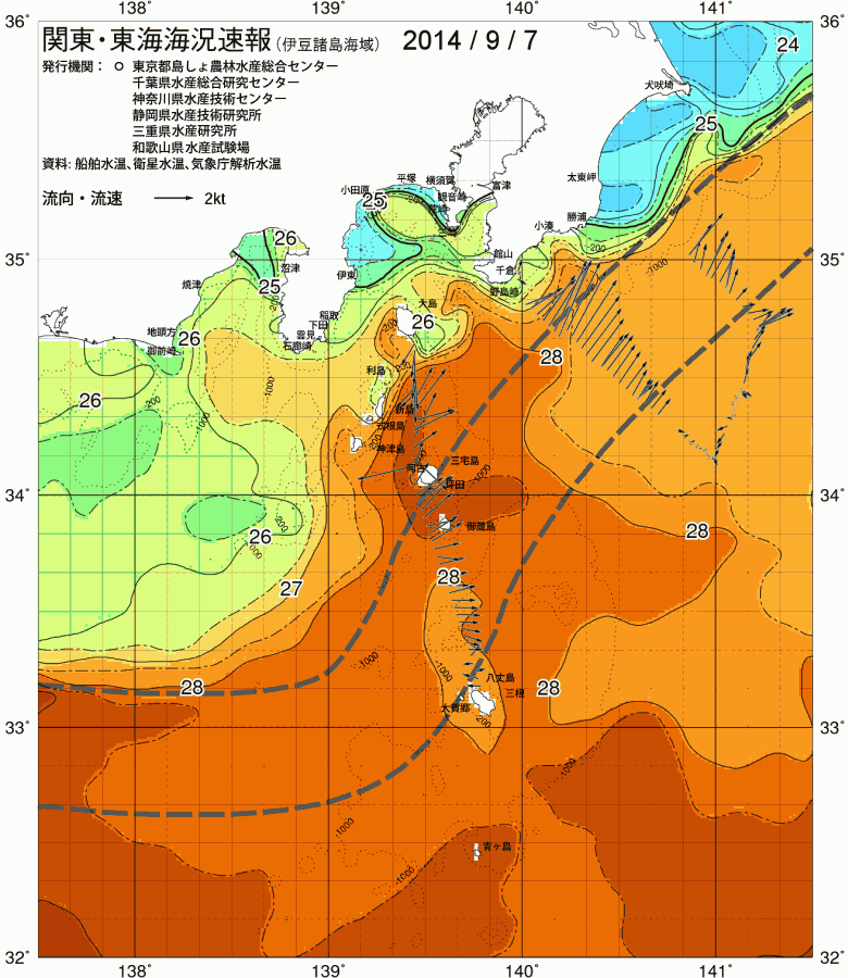 海況図, 関東・東海海況速報/伊豆諸島海域 検索結果, (黒潮, 水温分布, 冷水域, 暖水波及 等を図示)