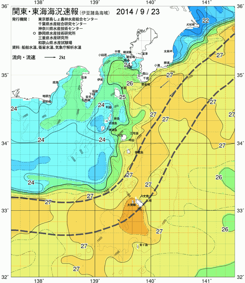 海況図, 関東・東海海況速報/伊豆諸島海域 検索結果, (黒潮, 水温分布, 冷水域, 暖水波及 等を図示)