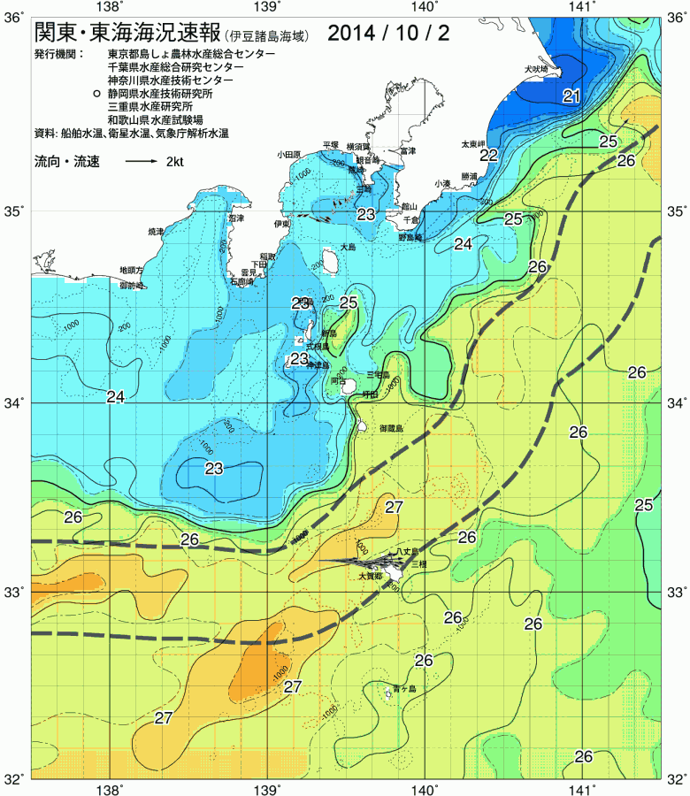 海況図, 関東・東海海況速報/伊豆諸島海域 検索結果, (黒潮, 水温分布, 冷水域, 暖水波及 等を図示)