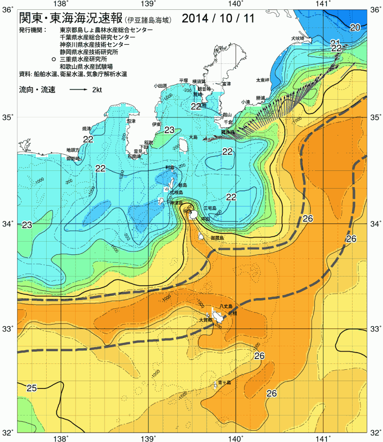 海況図, 関東・東海海況速報/伊豆諸島海域 検索結果, (黒潮, 水温分布, 冷水域, 暖水波及 等を図示)