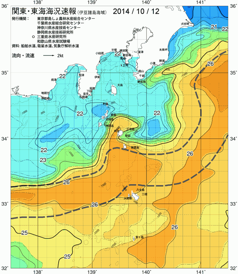 海況図, 関東・東海海況速報/伊豆諸島海域 検索結果, (黒潮, 水温分布, 冷水域, 暖水波及 等を図示)