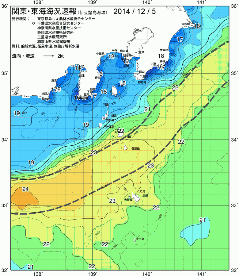 海況図, 関東・東海海況速報/伊豆諸島海域 検索結果, (黒潮, 水温分布, 冷水域, 暖水波及 等を図示)
