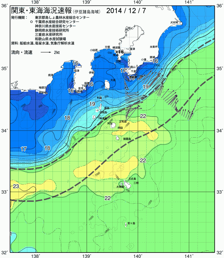 海況図, 関東・東海海況速報/伊豆諸島海域 検索結果, (黒潮, 水温分布, 冷水域, 暖水波及 等を図示)