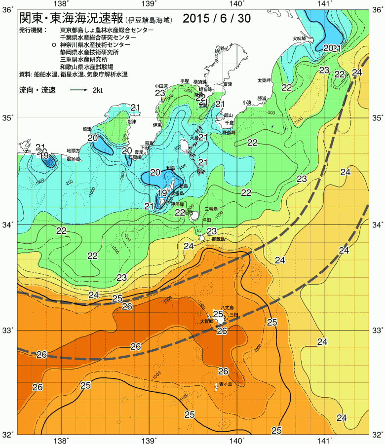 海況図, 関東・東海海況速報/伊豆諸島海域 検索結果, (黒潮, 水温分布, 冷水域, 暖水波及 等を図示)