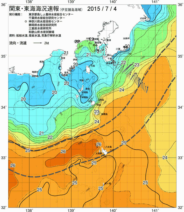 海況図, 関東・東海海況速報/伊豆諸島海域 検索結果, (黒潮, 水温分布, 冷水域, 暖水波及 等を図示)
