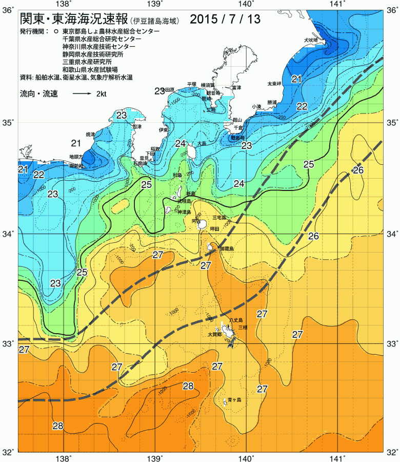海況図, 関東・東海海況速報/伊豆諸島海域 検索結果, (黒潮, 水温分布, 冷水域, 暖水波及 等を図示)