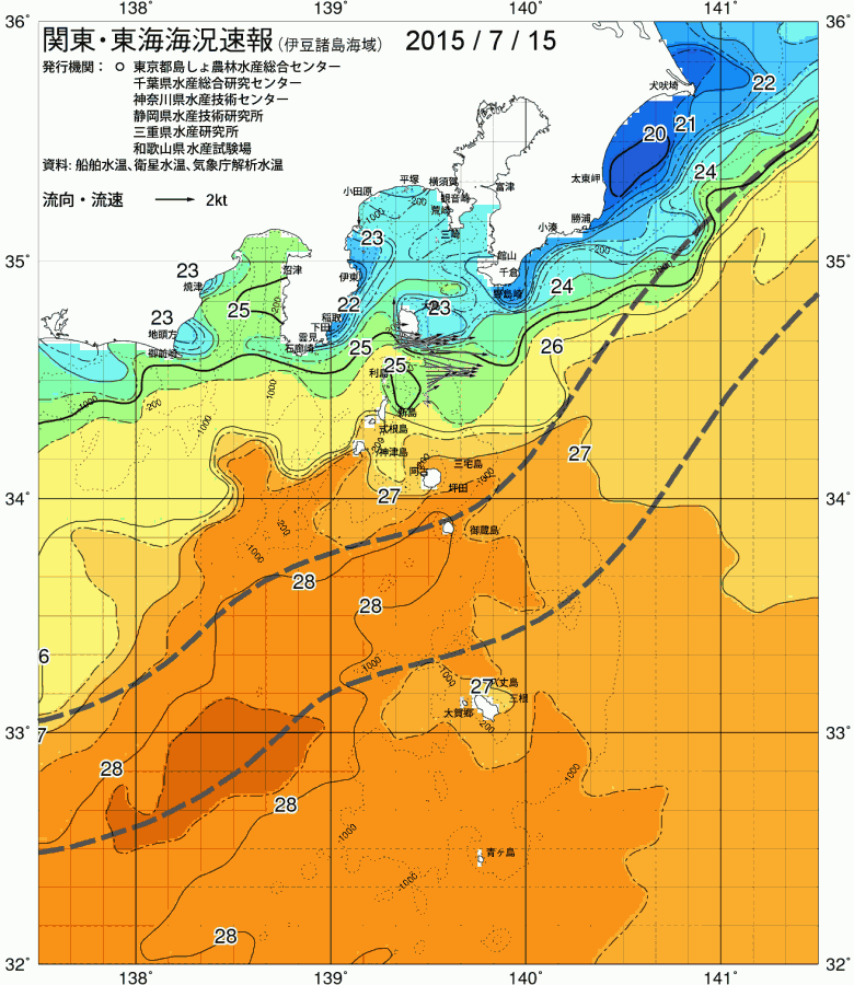 海況図, 関東・東海海況速報/伊豆諸島海域 検索結果, (黒潮, 水温分布, 冷水域, 暖水波及 等を図示)