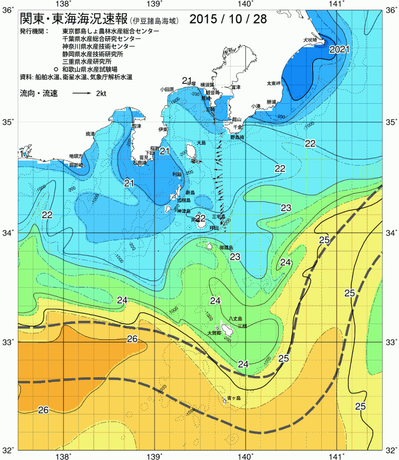 海況図, 関東・東海海況速報/伊豆諸島海域 検索結果, (黒潮, 水温分布, 冷水域, 暖水波及 等を図示)