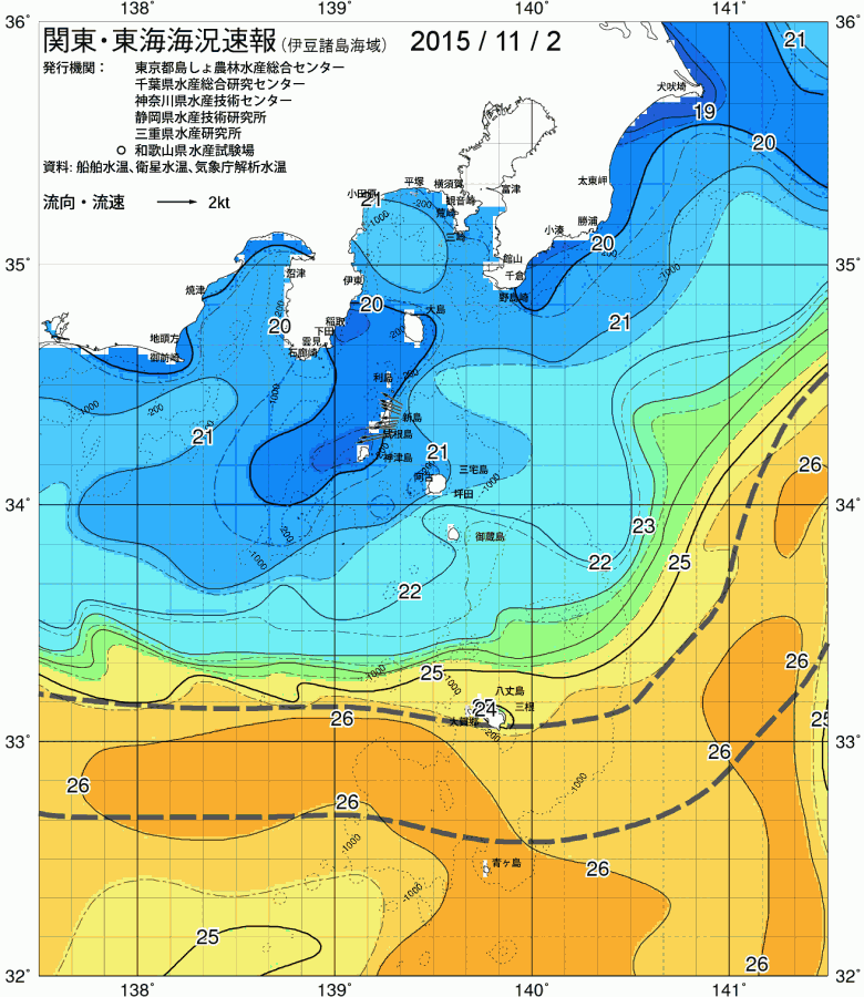 海況図, 関東・東海海況速報/伊豆諸島海域 検索結果, (黒潮, 水温分布, 冷水域, 暖水波及 等を図示)