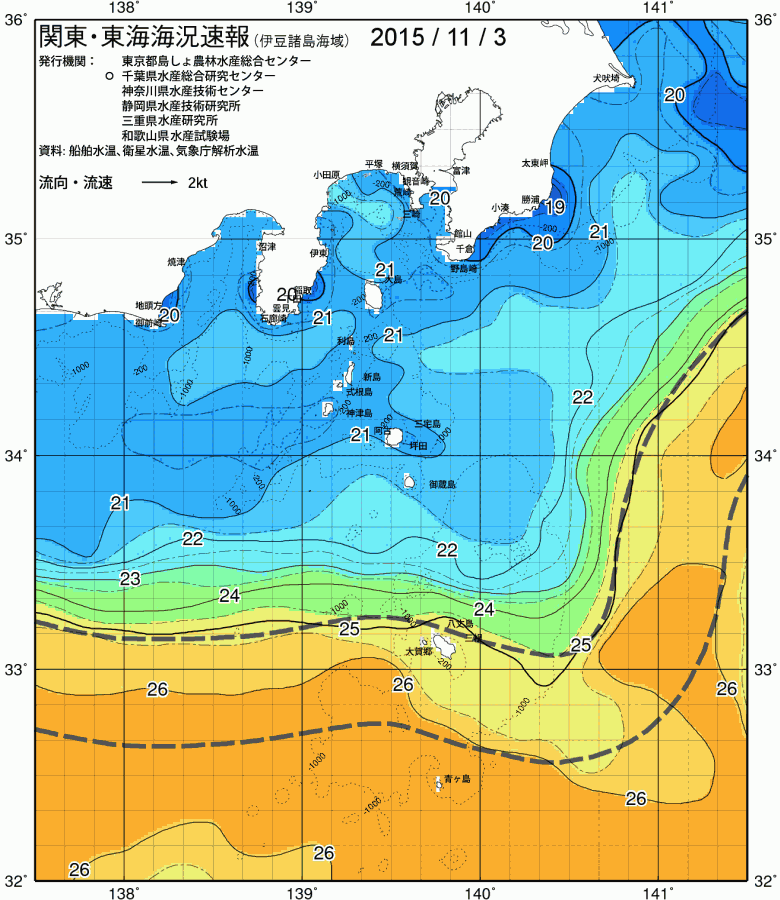 海況図, 関東・東海海況速報/伊豆諸島海域 検索結果, (黒潮, 水温分布, 冷水域, 暖水波及 等を図示)