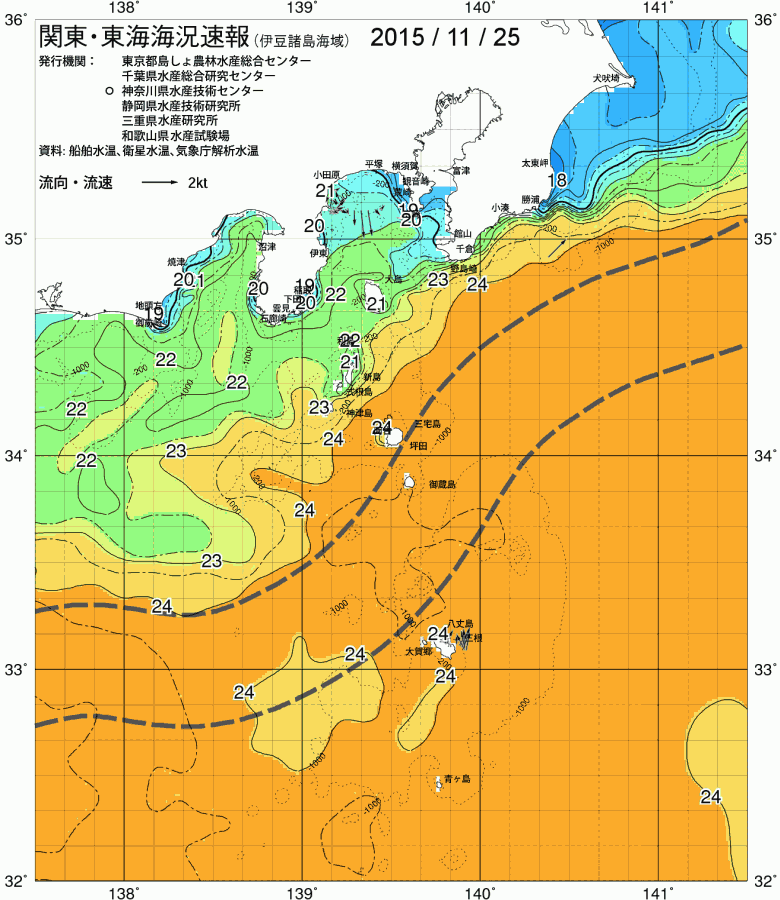 海況図, 関東・東海海況速報/伊豆諸島海域 検索結果, (黒潮, 水温分布, 冷水域, 暖水波及 等を図示)