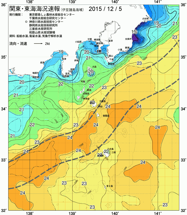 海況図, 関東・東海海況速報/伊豆諸島海域 検索結果, (黒潮, 水温分布, 冷水域, 暖水波及 等を図示)