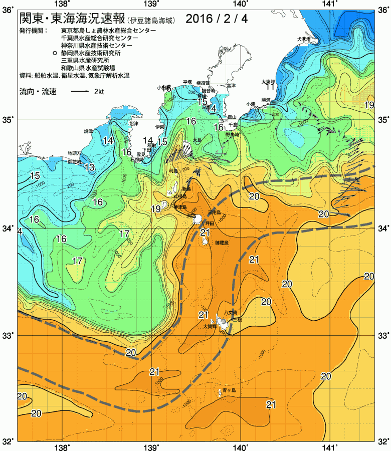 海況図, 関東・東海海況速報/伊豆諸島海域 検索結果, (黒潮, 水温分布, 冷水域, 暖水波及 等を図示)