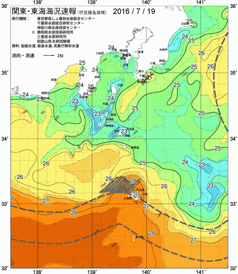 海況図, 関東・東海海況速報/伊豆諸島海域 検索結果, (黒潮, 水温分布, 冷水域, 暖水波及 等を図示)