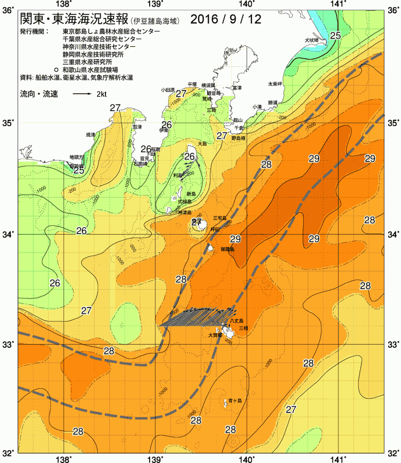 海況図, 関東・東海海況速報/伊豆諸島海域 検索結果, (黒潮, 水温分布, 冷水域, 暖水波及 等を図示)