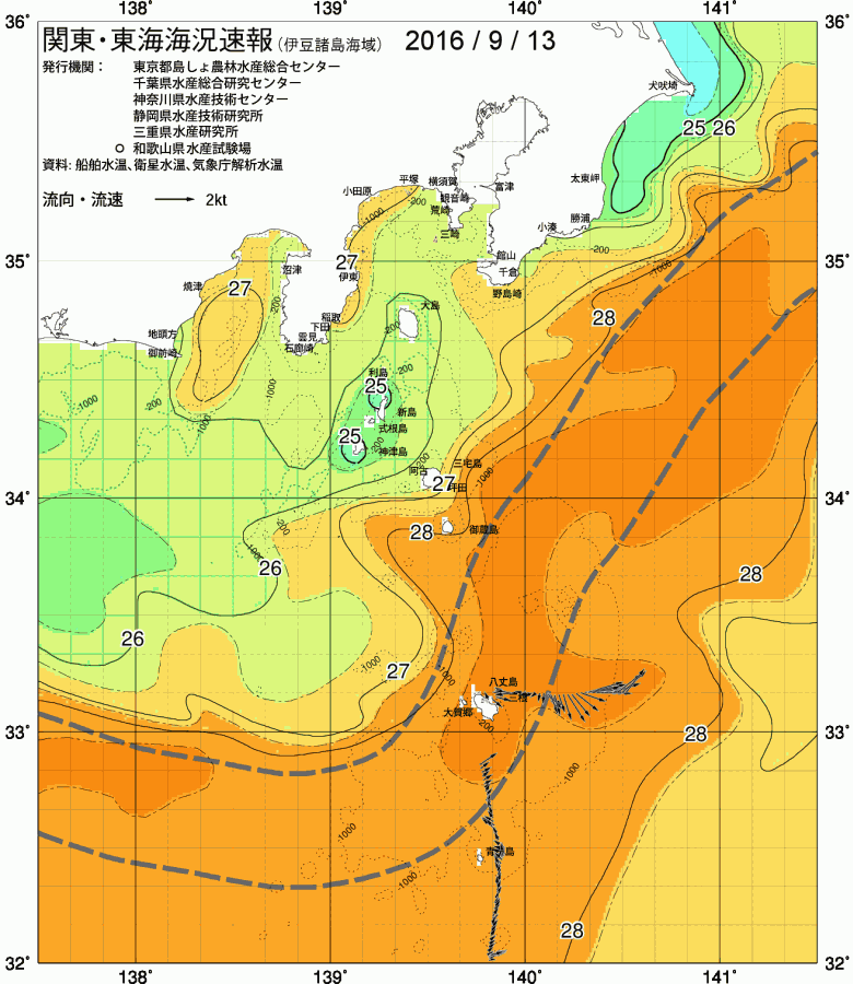 海況図, 関東・東海海況速報/伊豆諸島海域 検索結果, (黒潮, 水温分布, 冷水域, 暖水波及 等を図示)