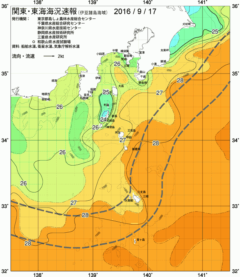 海況図, 関東・東海海況速報/伊豆諸島海域 検索結果, (黒潮, 水温分布, 冷水域, 暖水波及 等を図示)