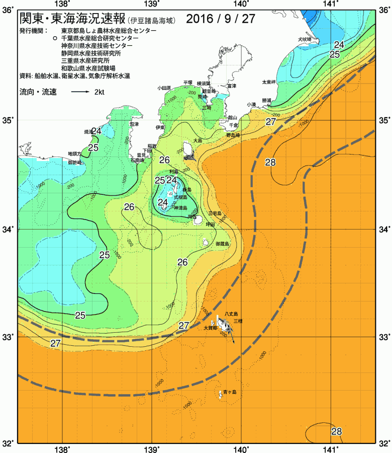 海況図, 関東・東海海況速報/伊豆諸島海域 検索結果, (黒潮, 水温分布, 冷水域, 暖水波及 等を図示)