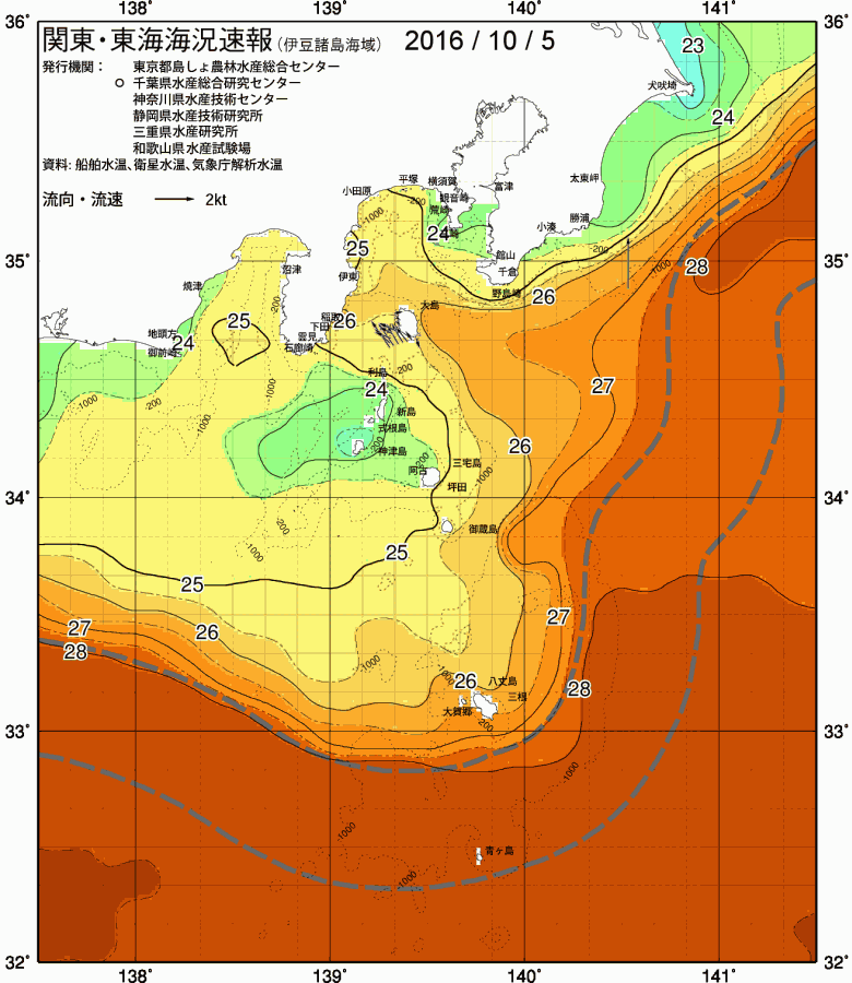 海況図, 関東・東海海況速報/伊豆諸島海域 検索結果, (黒潮, 水温分布, 冷水域, 暖水波及 等を図示)