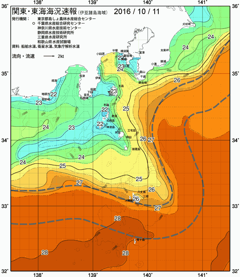 海況図, 関東・東海海況速報/伊豆諸島海域 検索結果, (黒潮, 水温分布, 冷水域, 暖水波及 等を図示)