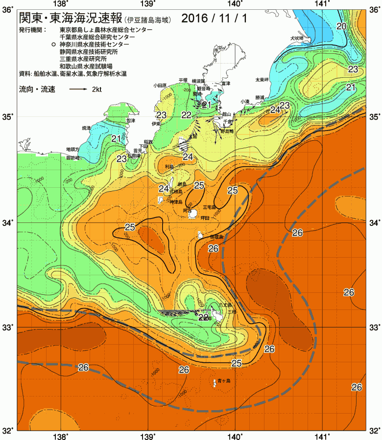海況図, 関東・東海海況速報/伊豆諸島海域 検索結果, (黒潮, 水温分布, 冷水域, 暖水波及 等を図示)