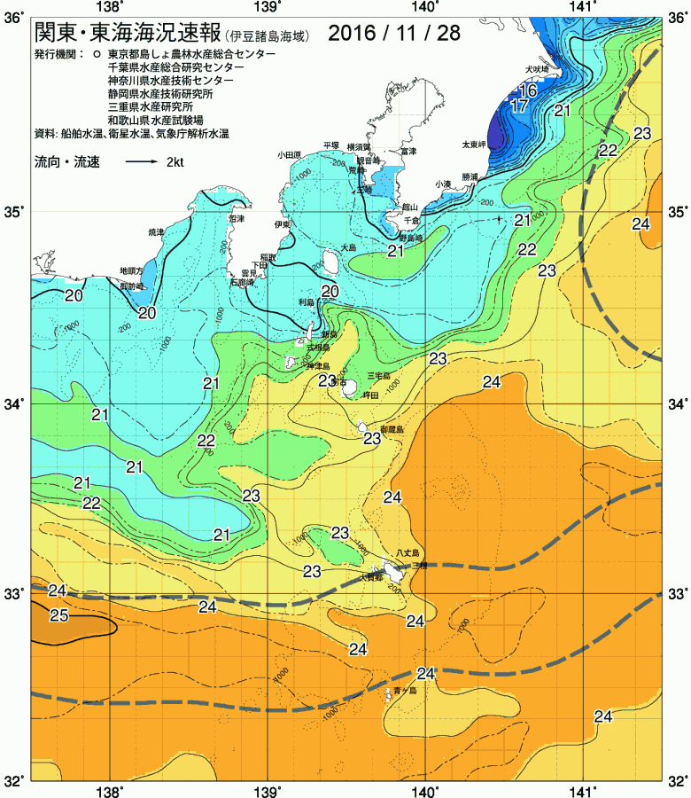 海況図, 関東・東海海況速報/伊豆諸島海域 検索結果, (黒潮, 水温分布, 冷水域, 暖水波及 等を図示)