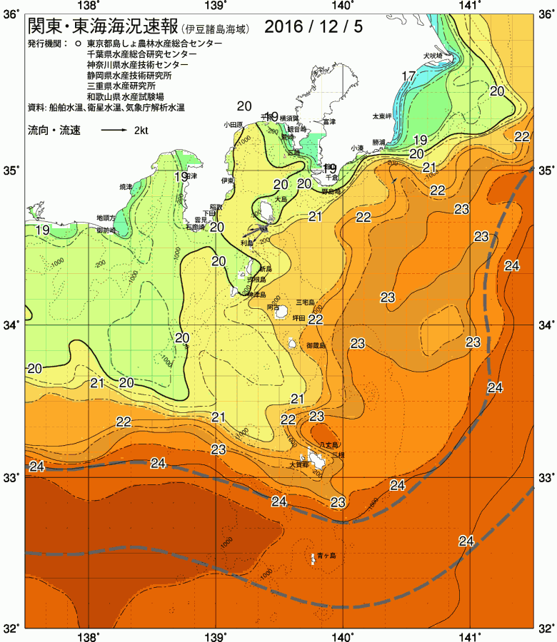海況図, 関東・東海海況速報/伊豆諸島海域 検索結果, (黒潮, 水温分布, 冷水域, 暖水波及 等を図示)