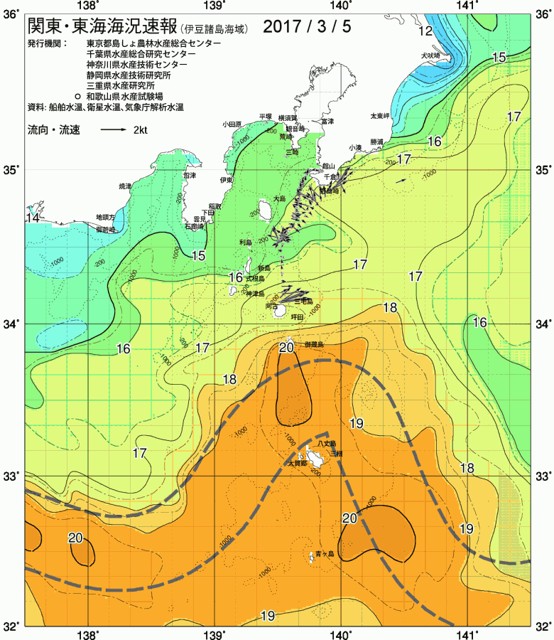 海況図, 関東・東海海況速報/伊豆諸島海域 検索結果, (黒潮, 水温分布, 冷水域, 暖水波及 等を図示)