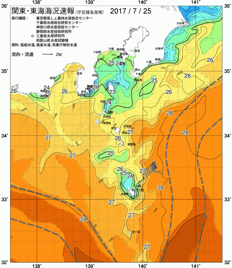 海況図, 関東・東海海況速報/伊豆諸島海域 検索結果, (黒潮, 水温分布, 冷水域, 暖水波及 等を図示)