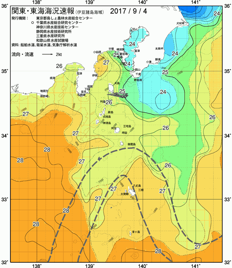 海況図, 関東・東海海況速報/伊豆諸島海域 検索結果, (黒潮, 水温分布, 冷水域, 暖水波及 等を図示)