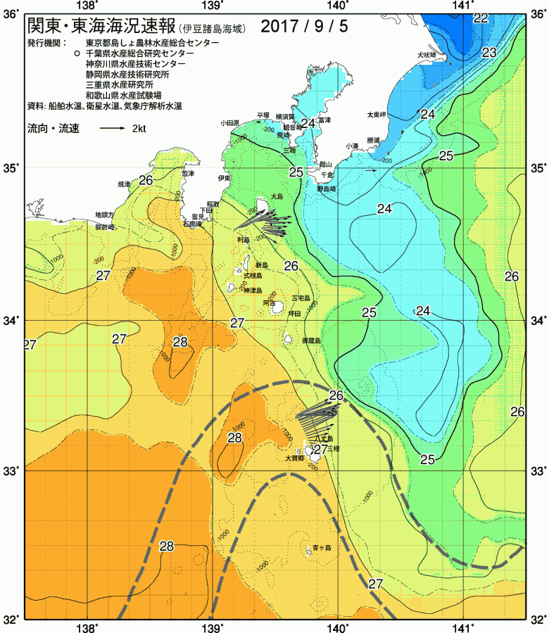 海況図, 関東・東海海況速報/伊豆諸島海域 検索結果, (黒潮, 水温分布, 冷水域, 暖水波及 等を図示)