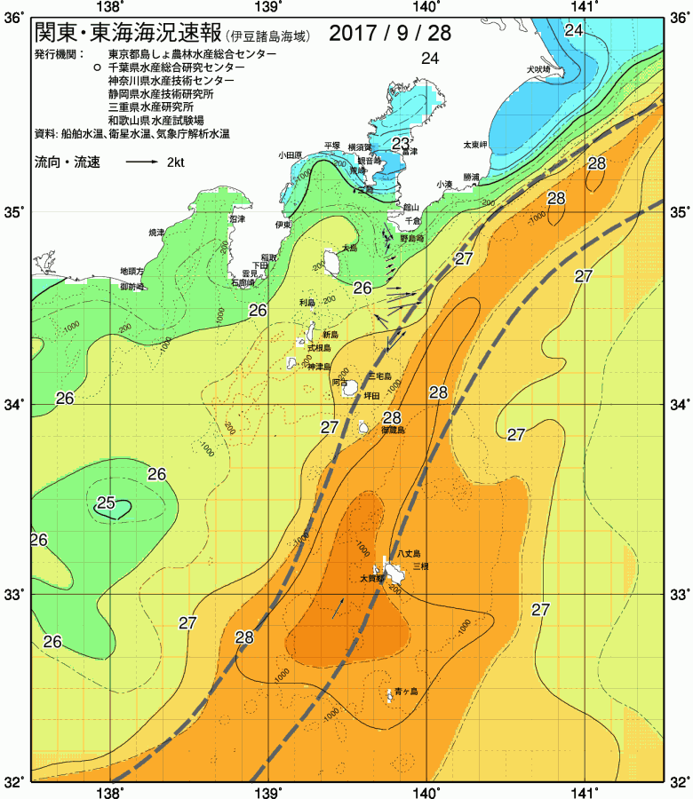 海況図, 関東・東海海況速報/伊豆諸島海域 検索結果, (黒潮, 水温分布, 冷水域, 暖水波及 等を図示)