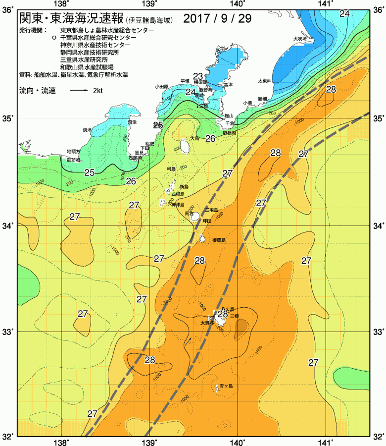 海況図, 関東・東海海況速報/伊豆諸島海域 検索結果, (黒潮, 水温分布, 冷水域, 暖水波及 等を図示)