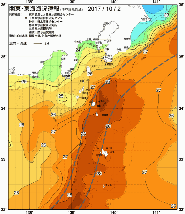 海況図, 関東・東海海況速報/伊豆諸島海域 検索結果, (黒潮, 水温分布, 冷水域, 暖水波及 等を図示)