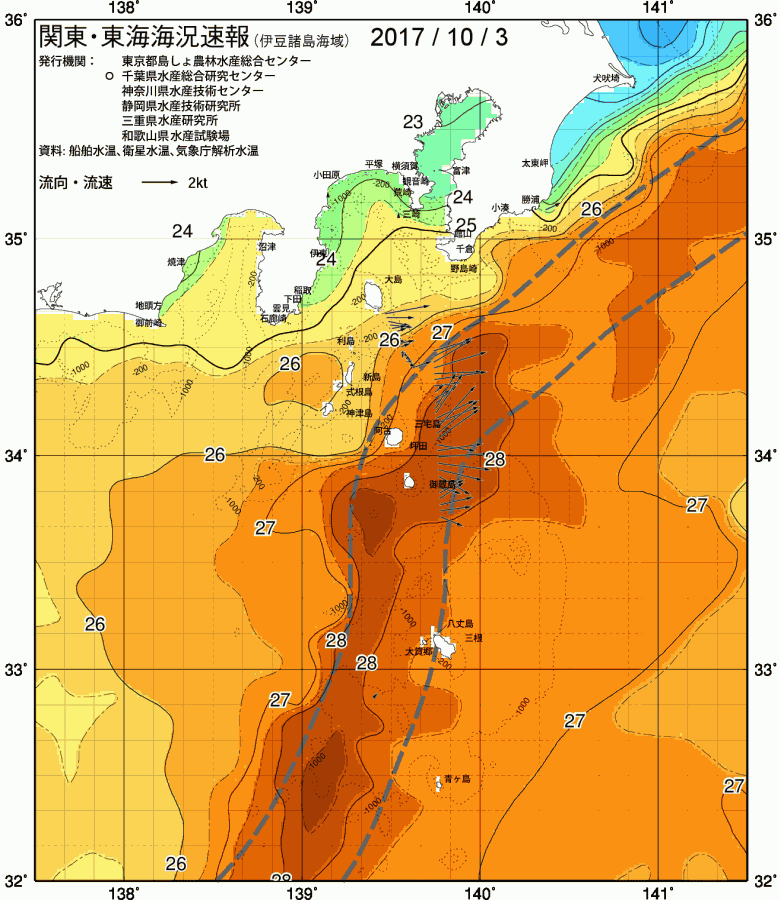 海況図, 関東・東海海況速報/伊豆諸島海域 検索結果, (黒潮, 水温分布, 冷水域, 暖水波及 等を図示)