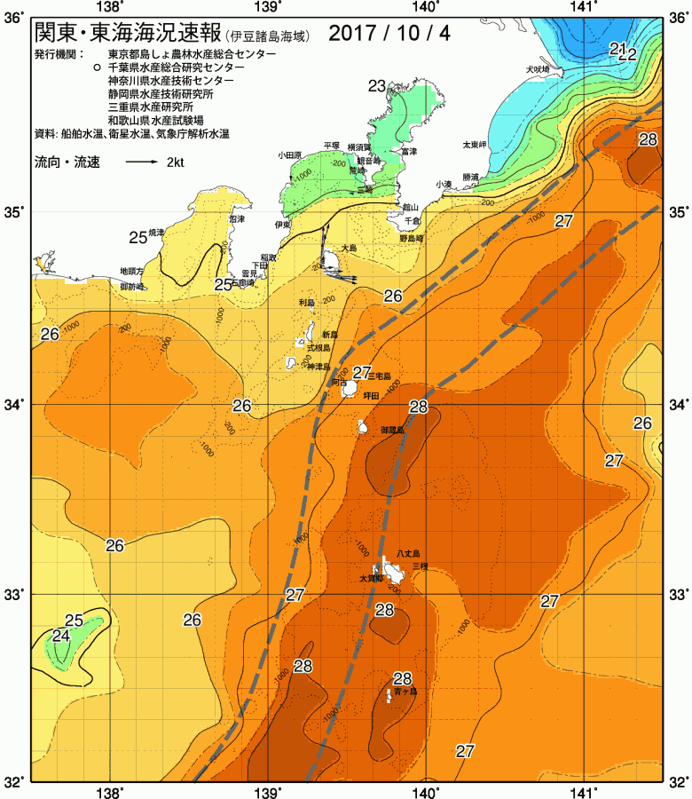 海況図, 関東・東海海況速報/伊豆諸島海域 検索結果, (黒潮, 水温分布, 冷水域, 暖水波及 等を図示)
