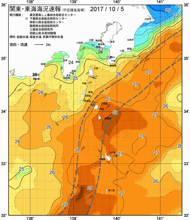 海況図, 関東・東海海況速報/伊豆諸島海域 検索結果, (黒潮, 水温分布, 冷水域, 暖水波及 等を図示)