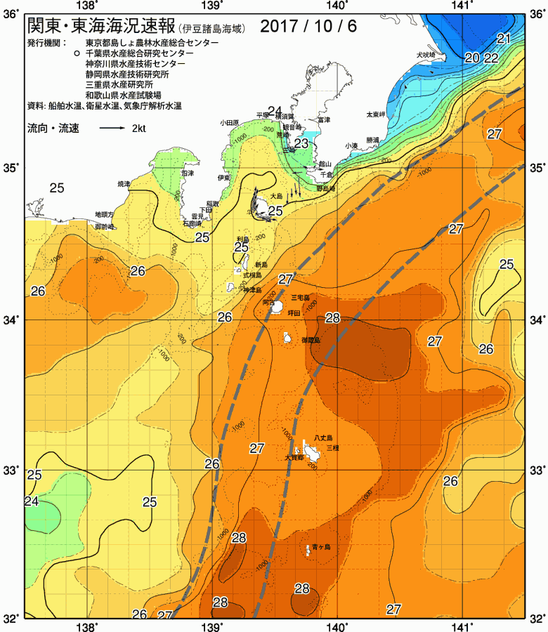 海況図, 関東・東海海況速報/伊豆諸島海域 検索結果, (黒潮, 水温分布, 冷水域, 暖水波及 等を図示)