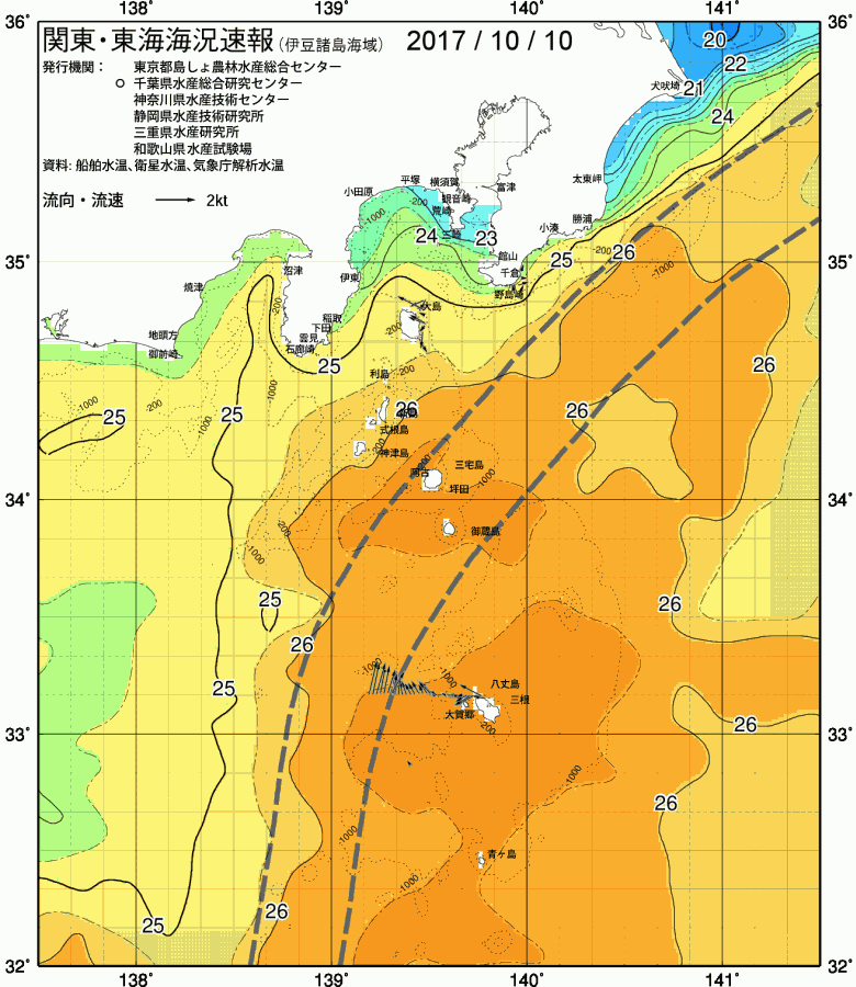 海況図, 関東・東海海況速報/伊豆諸島海域 検索結果, (黒潮, 水温分布, 冷水域, 暖水波及 等を図示)
