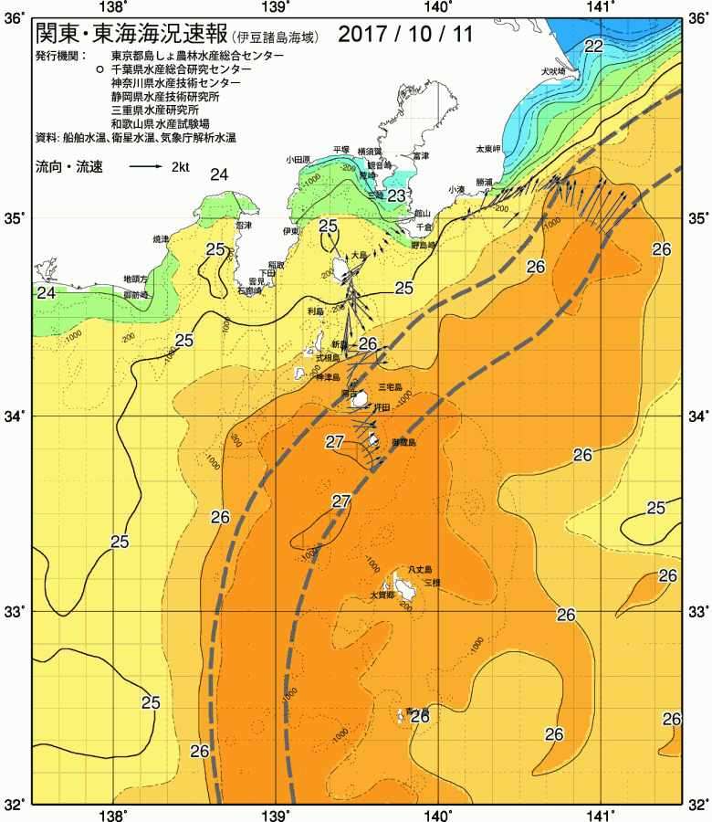 海況図, 関東・東海海況速報/伊豆諸島海域 検索結果, (黒潮, 水温分布, 冷水域, 暖水波及 等を図示)
