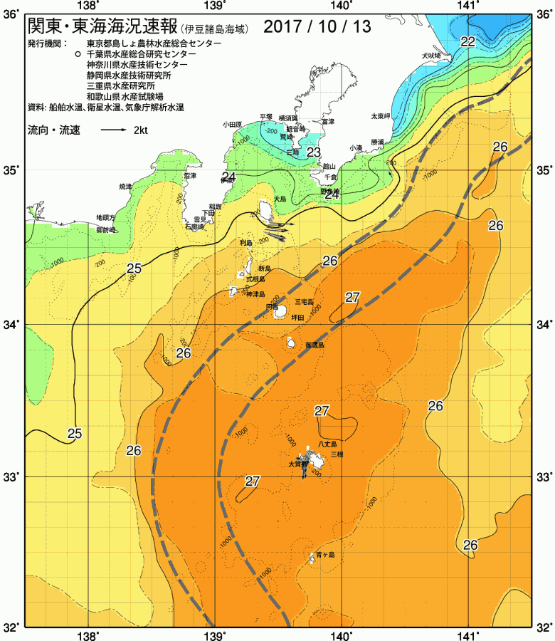 海況図, 関東・東海海況速報/伊豆諸島海域 検索結果, (黒潮, 水温分布, 冷水域, 暖水波及 等を図示)