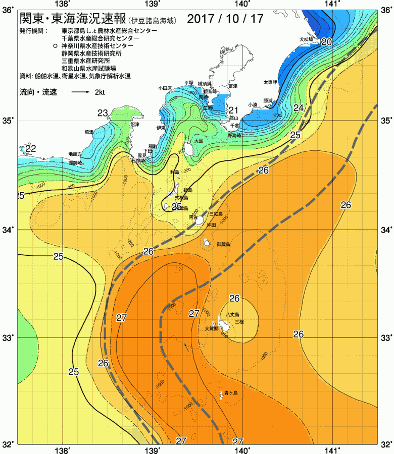 海況図, 関東・東海海況速報/伊豆諸島海域 検索結果, (黒潮, 水温分布, 冷水域, 暖水波及 等を図示)