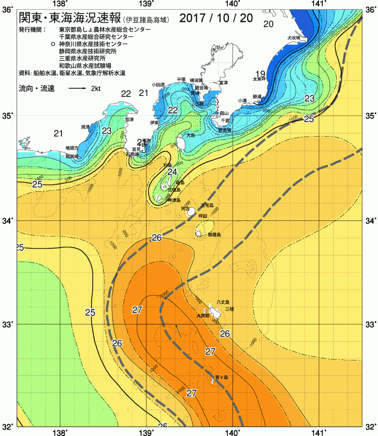 海況図, 関東・東海海況速報/伊豆諸島海域 検索結果, (黒潮, 水温分布, 冷水域, 暖水波及 等を図示)