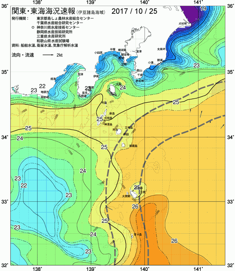 海況図, 関東・東海海況速報/伊豆諸島海域 検索結果, (黒潮, 水温分布, 冷水域, 暖水波及 等を図示)