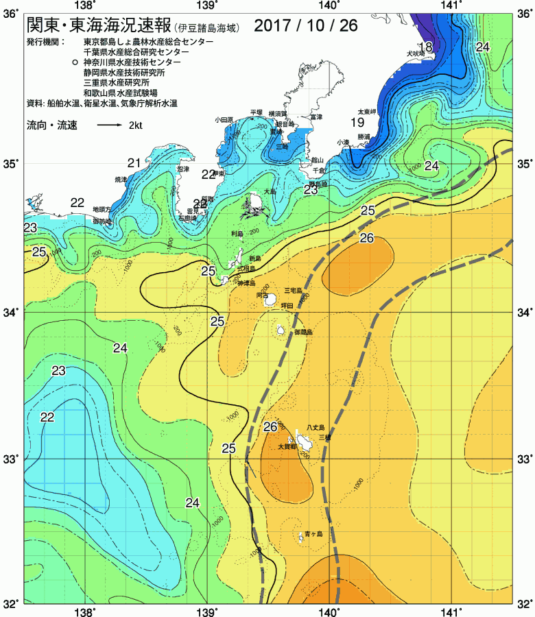 海況図, 関東・東海海況速報/伊豆諸島海域 検索結果, (黒潮, 水温分布, 冷水域, 暖水波及 等を図示)